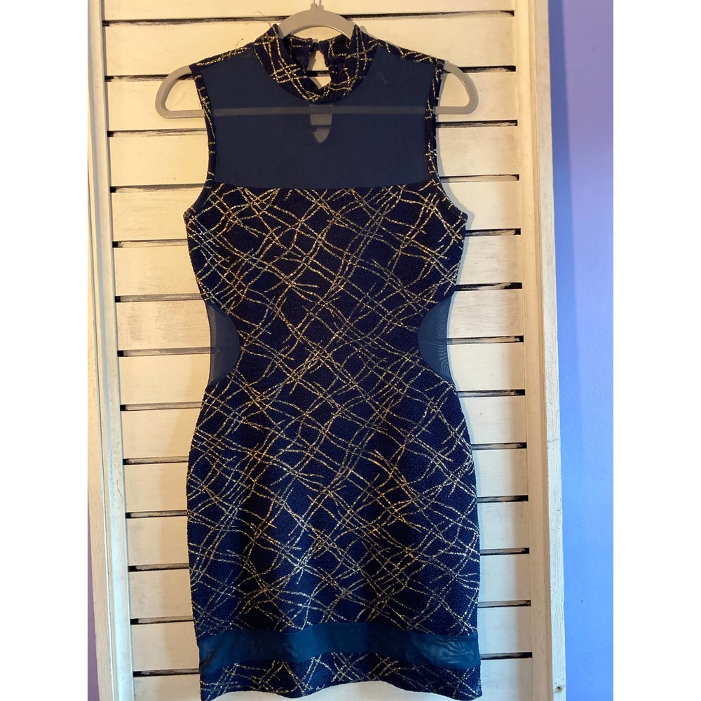 Estam womans dress size Medium sleeveless sheer chest gold designs party dinner